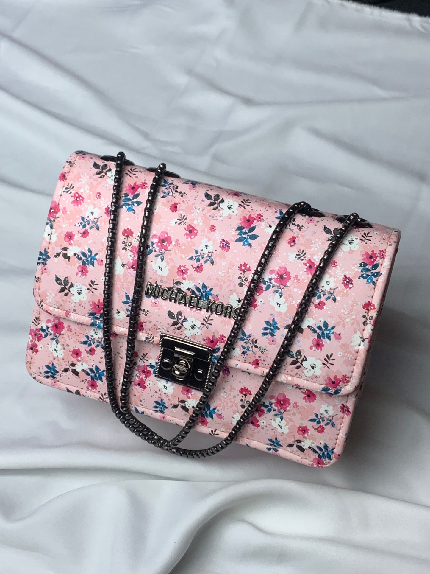 MK-Pink Floral Print Crossbody Handbag