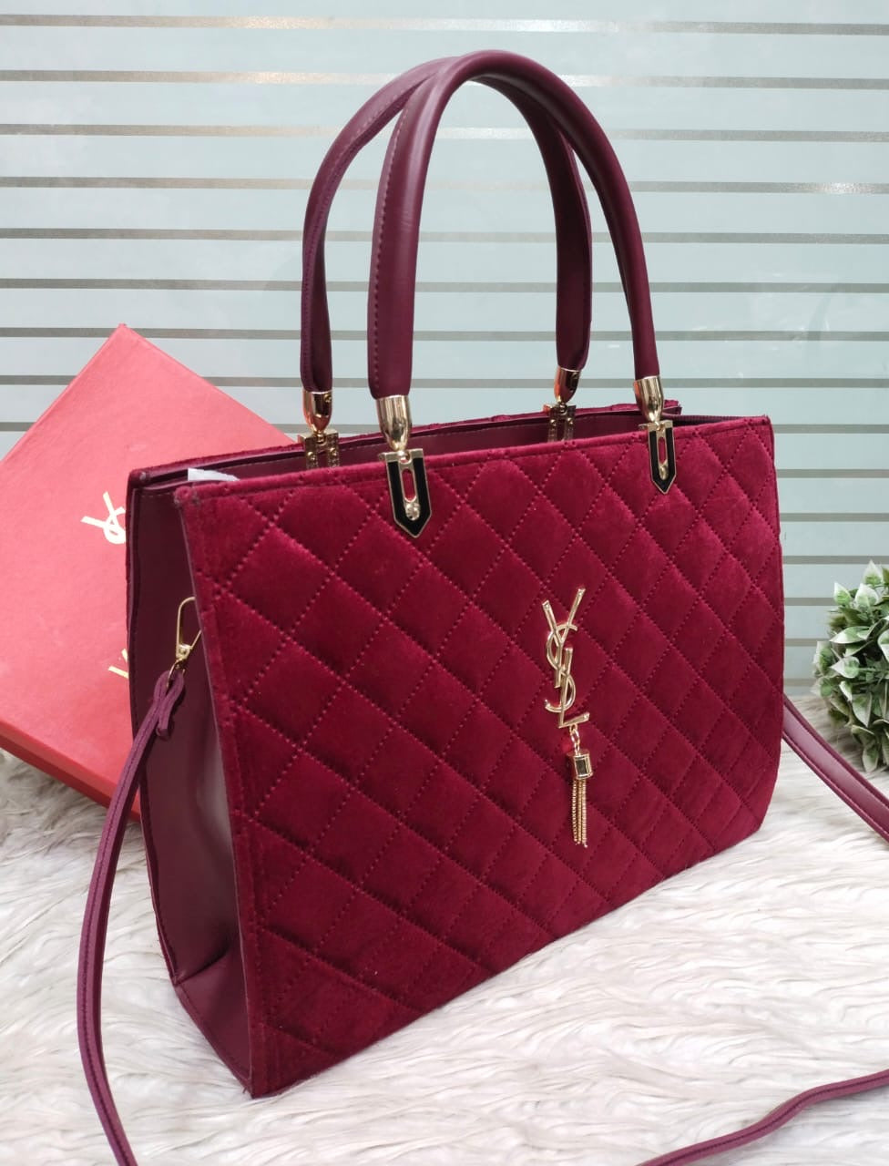 New Arrival YSL Velvet Handbag (Maroon)