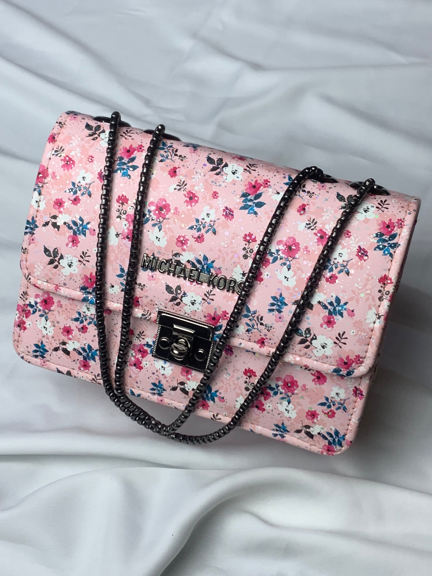 MK-Pink Floral Print Crossbody Handbag