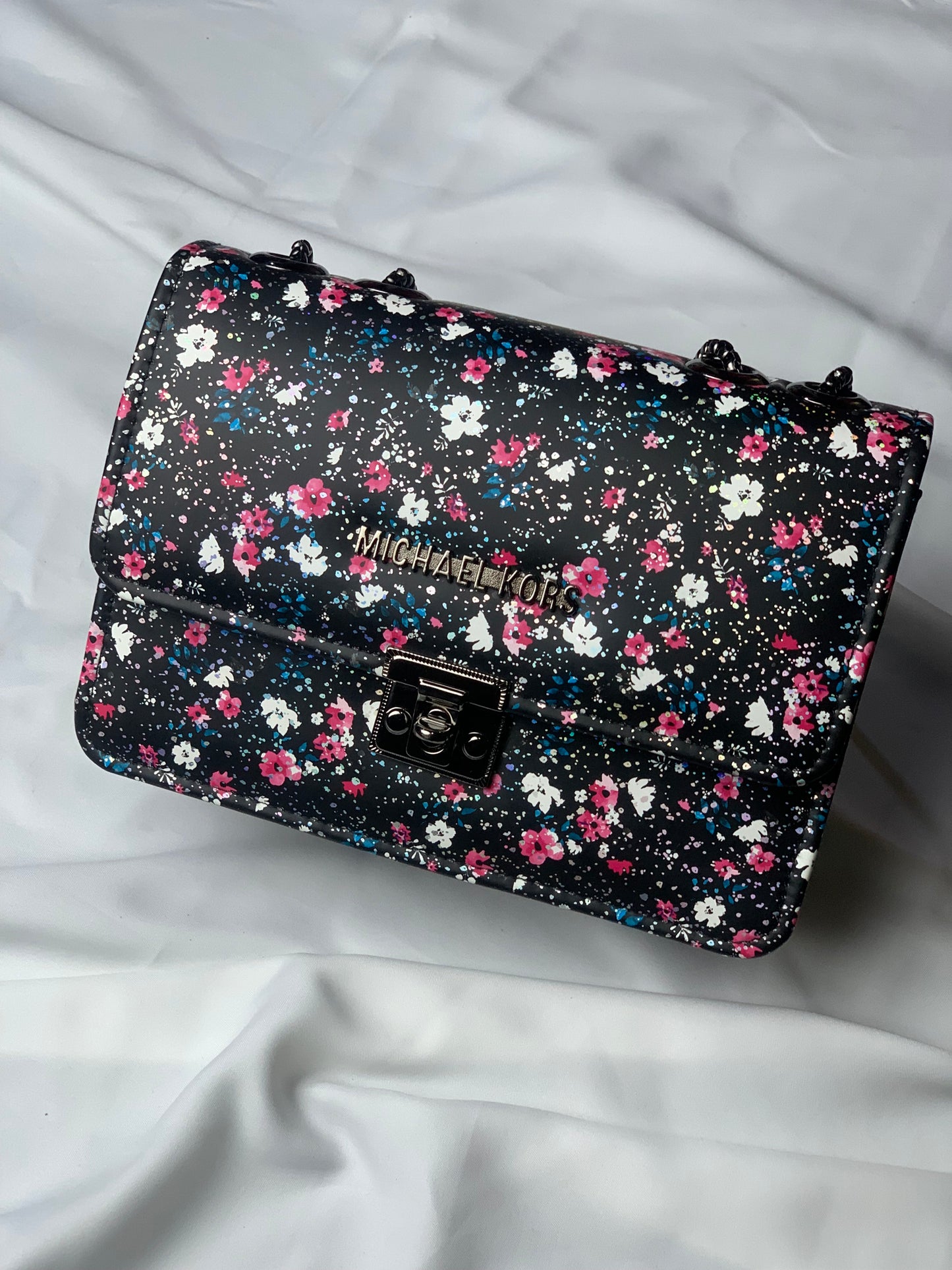 MK-Black Floral Print Crossbody Handbag