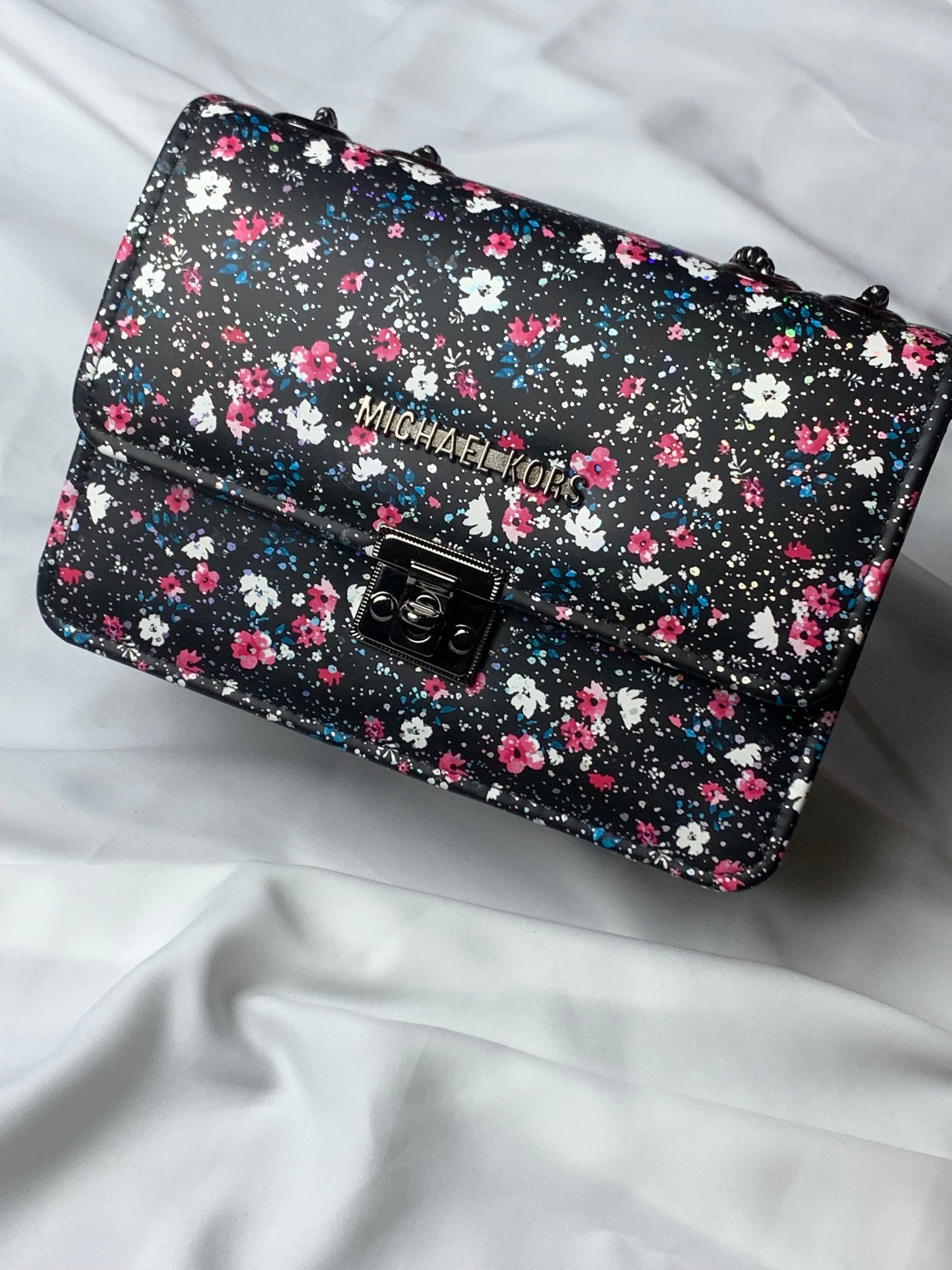 MK-Black Floral Print Crossbody Handbag