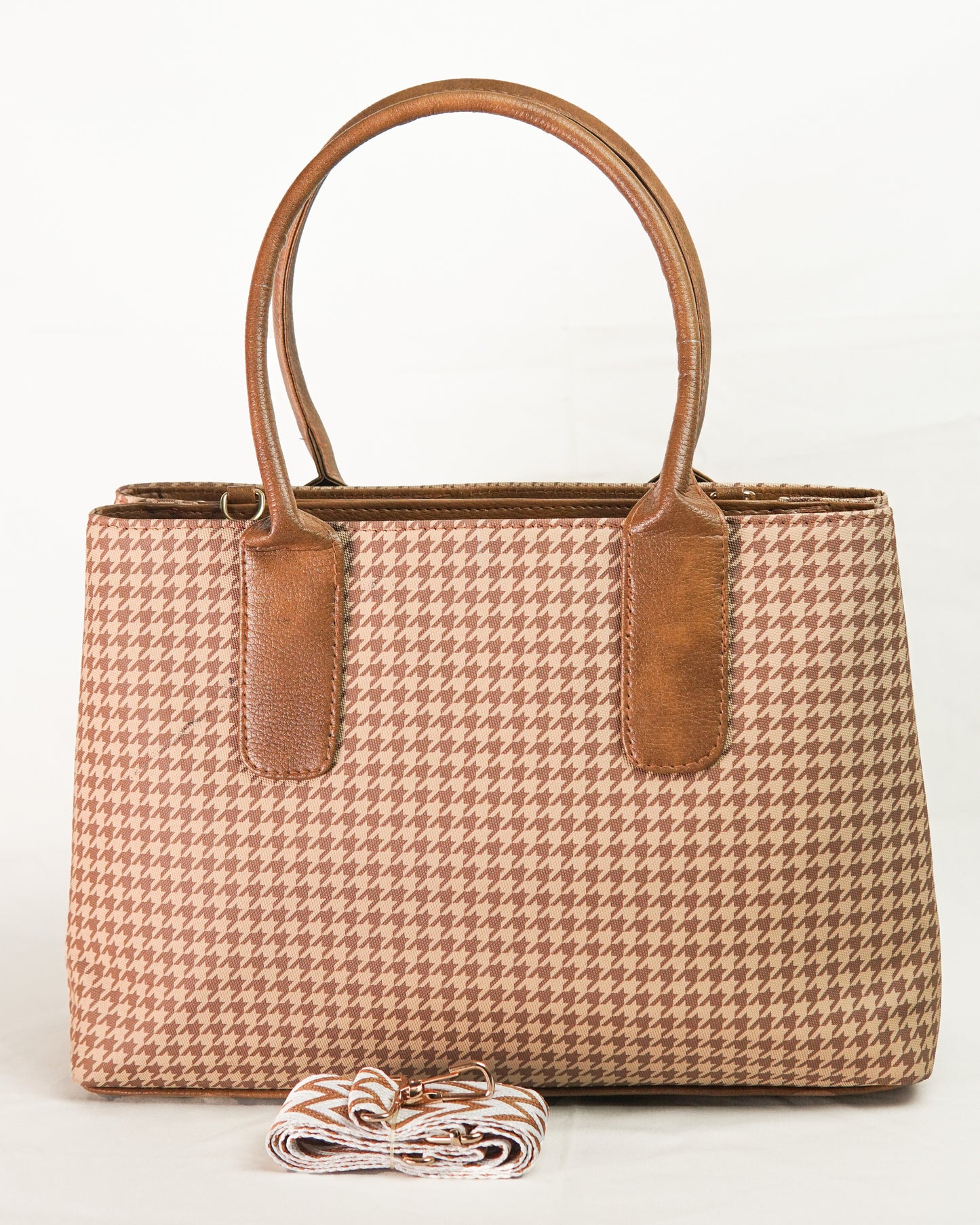 Textured Classic Tote Bag – Houndstooth Tan