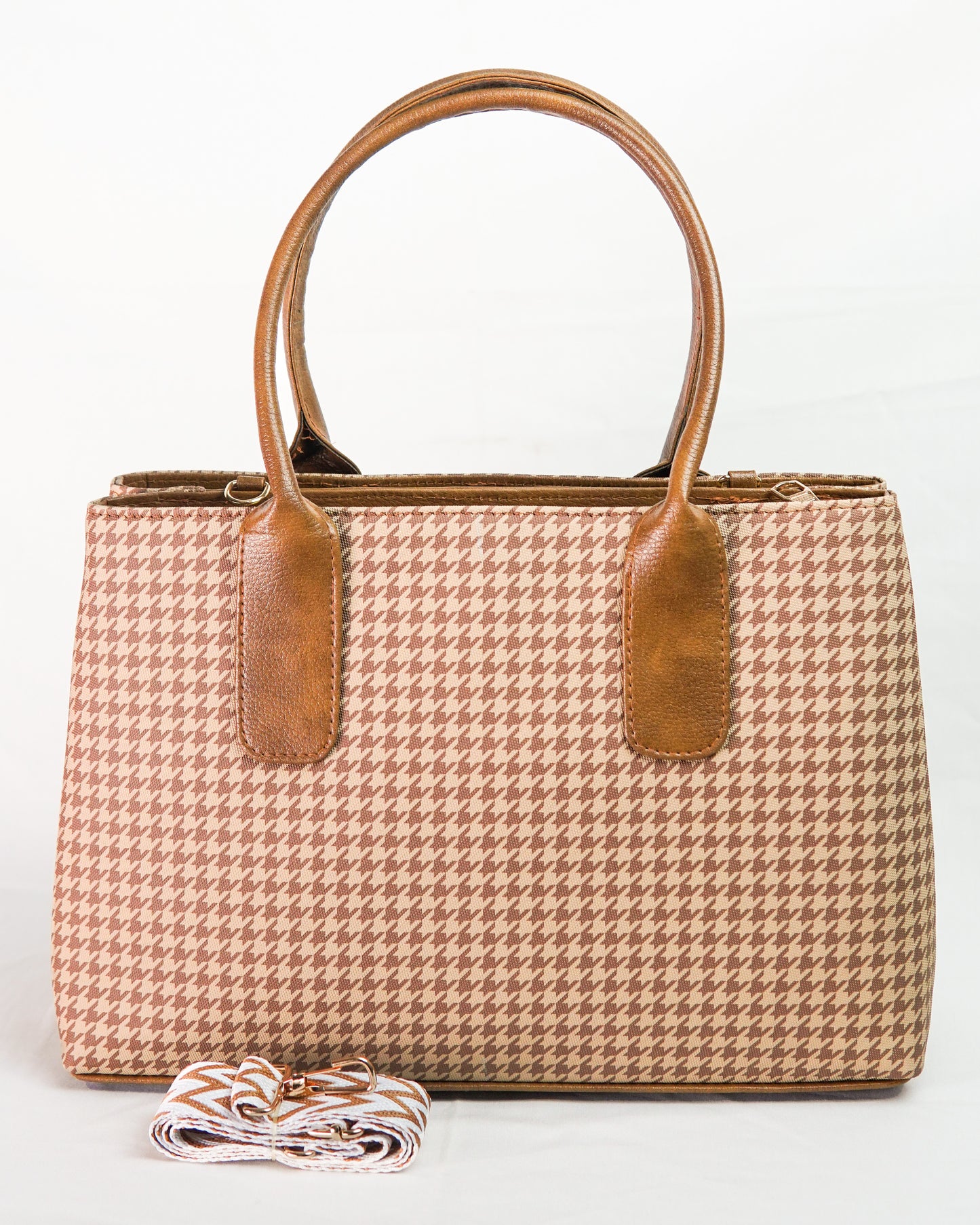 Textured Classic Tote Bag – Houndstooth Tan